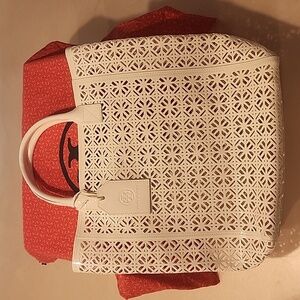 Tory Burch White Laser Cut Large Tote in Shiny White 100% PVC, with logo tag